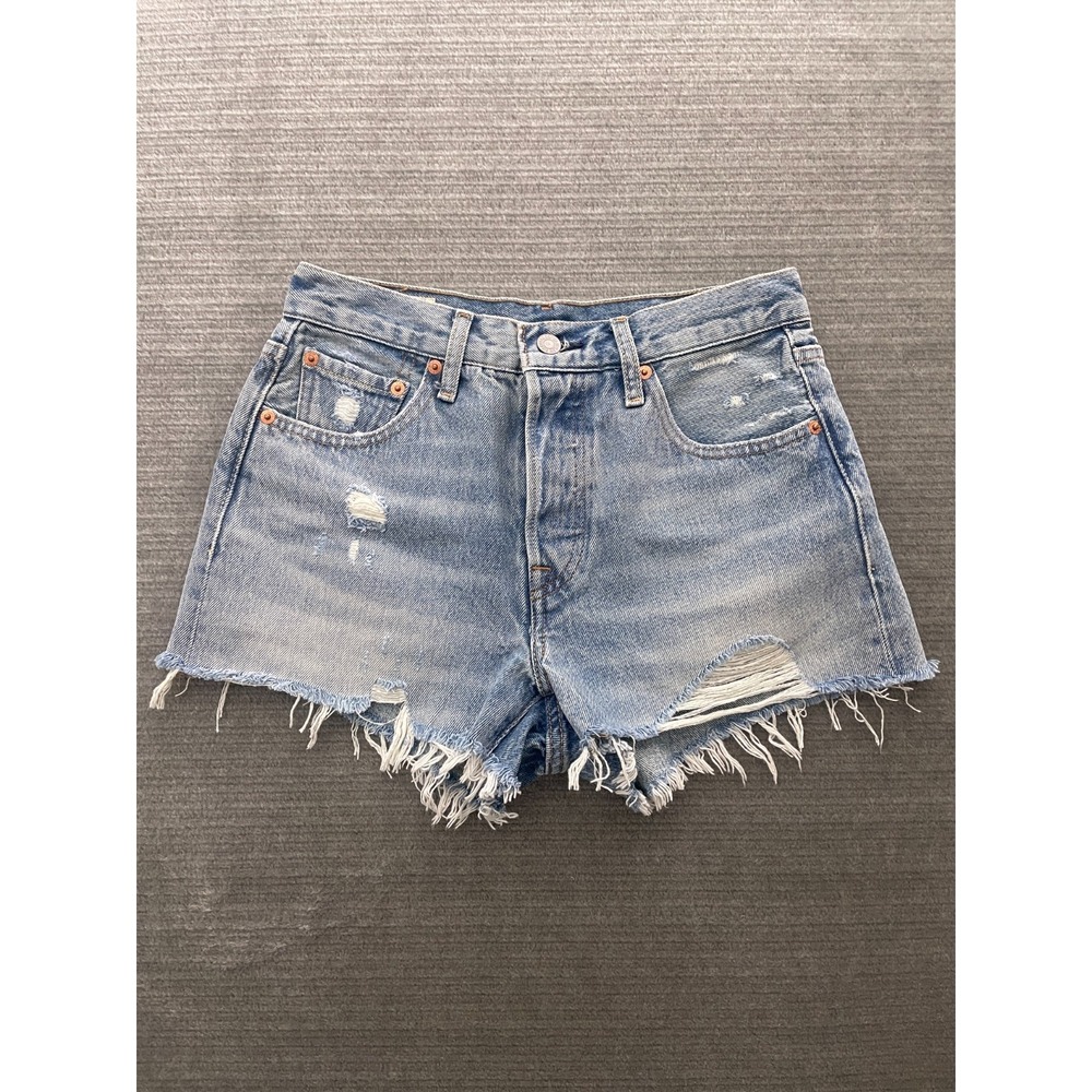 Levi's 501 Jeans Shorts Women 25 Blue Distressed High Rise Raw Hem Button Fly